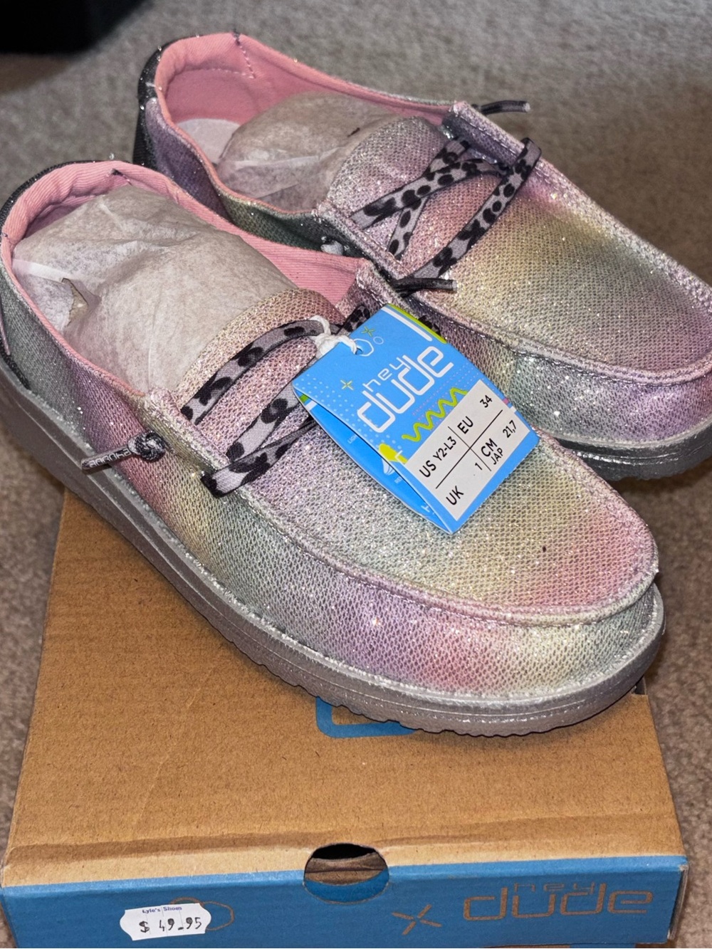 NEW Hey Dude Wendy Sunset Glitter Y2 Ladies 3 Leopard Shoe Strings Girls Slip On